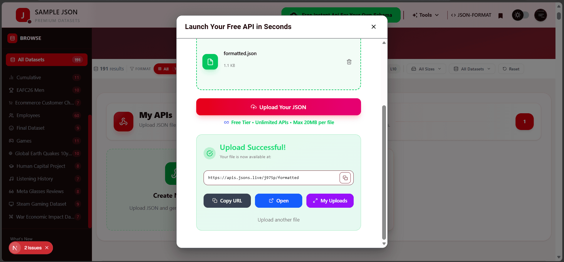 Upload JSON and Generate API
